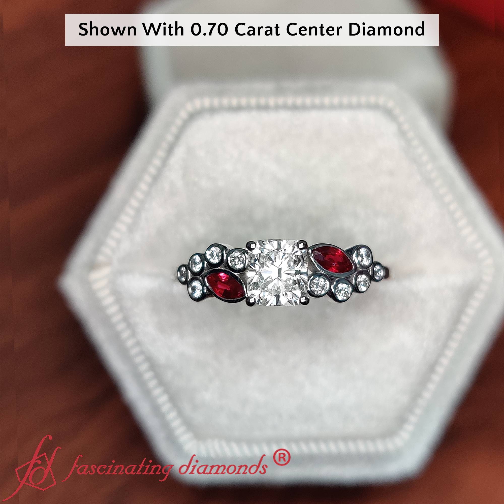 1 Carat Cushion Cluster Engagement Ring with 14K White Gold Red Ruby