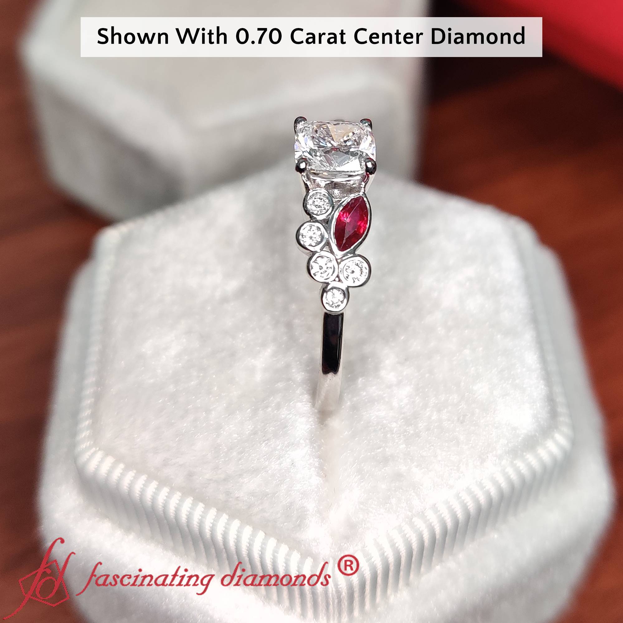 1 Carat Cushion Cluster Engagement Ring with 14K White Gold Red Ruby
