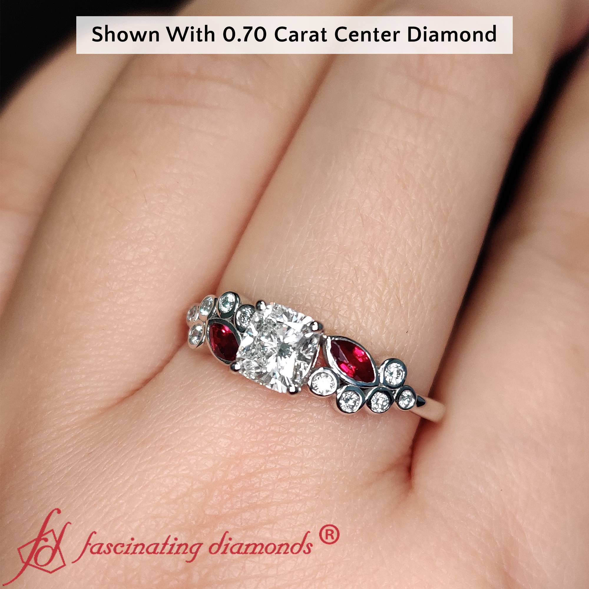 1 Carat Cushion Cluster Engagement Ring with 14K White Gold Red Ruby
