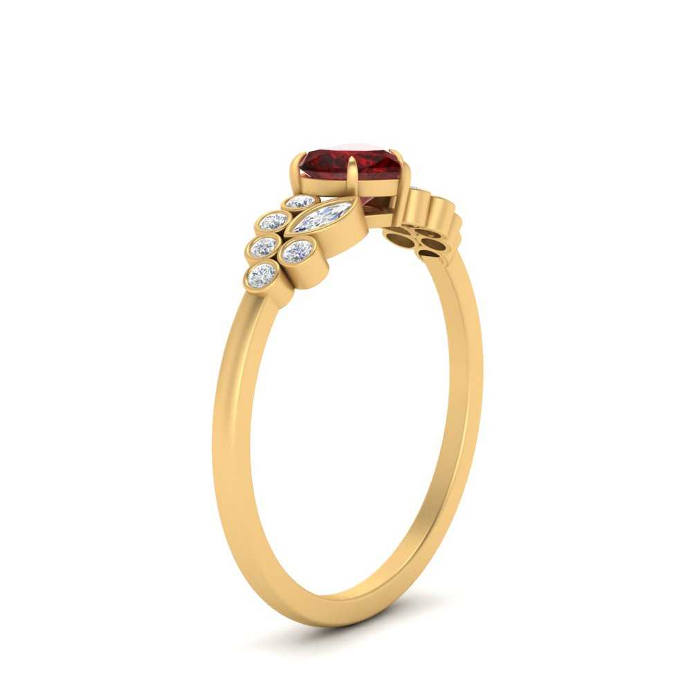 Colored Heart Cluster Diamond Ring with 14K Yellow Gold Red Ruby