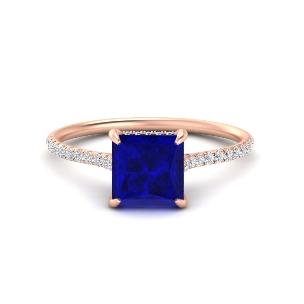 Cathedral Hidden Halo Princess Cut Gemstone Ring with 14K Rose Gold Blue Sapphire