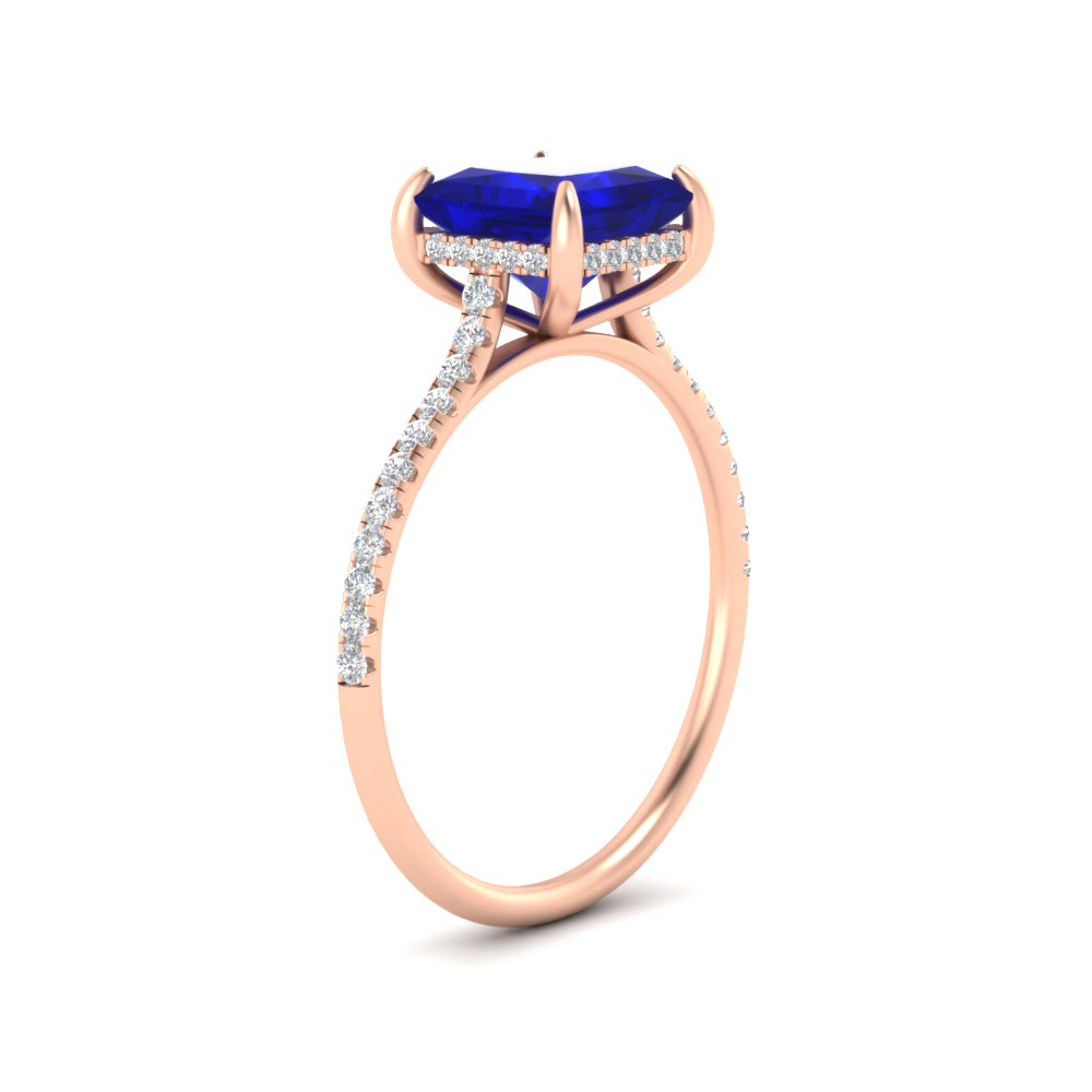 Cathedral Hidden Halo Princess Cut Gemstone Ring with 14K Rose Gold Blue Sapphire