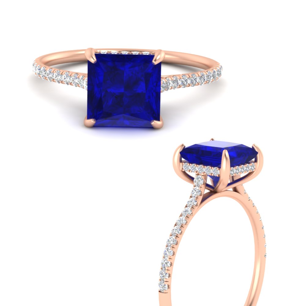 Cathedral Hidden Halo Princess Cut Gemstone Ring with 14K Rose Gold Blue Sapphire