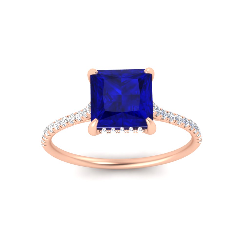 Cathedral Hidden Halo Princess Cut Gemstone Ring with 14K Rose Gold Blue Sapphire