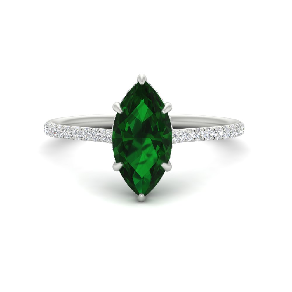Marquise Cut Gemstone Hidden Halo Engagement Ring with 14K White Gold Green Emerald