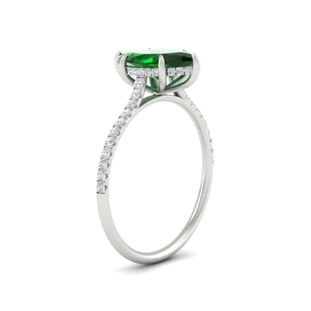 Marquise Cut Gemstone Hidden Halo Engagement Ring with 14K White Gold Green Emerald