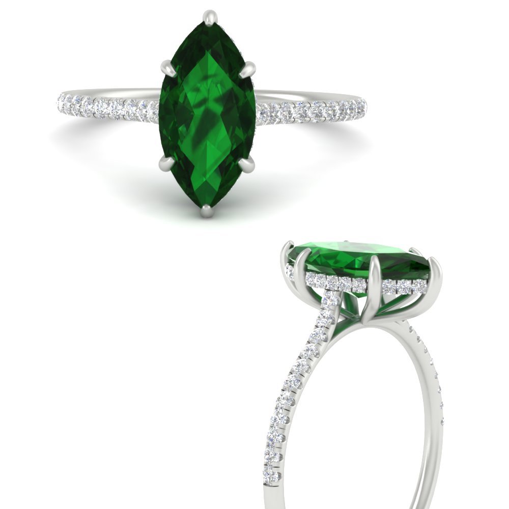 Marquise Cut Gemstone Hidden Halo Engagement Ring with 14K White Gold Green Emerald