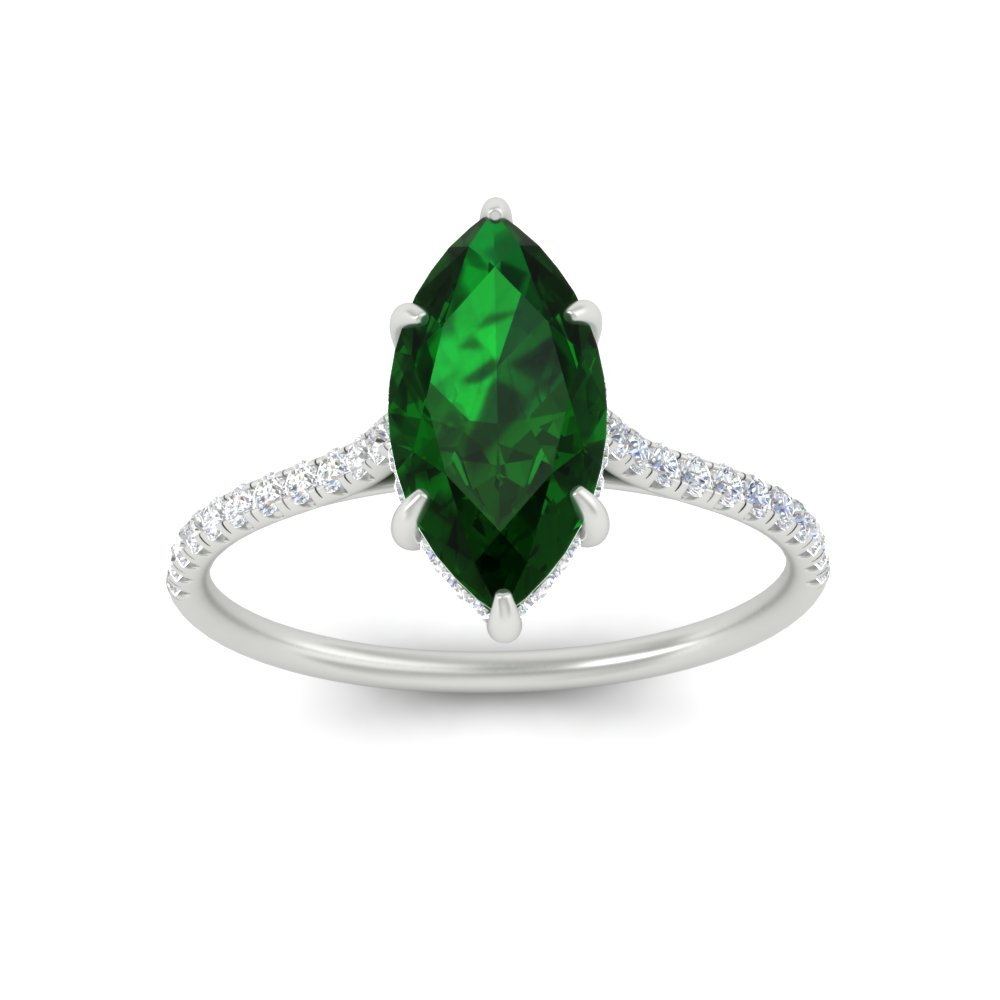 Marquise Cut Gemstone Hidden Halo Engagement Ring with 14K White Gold Green Emerald