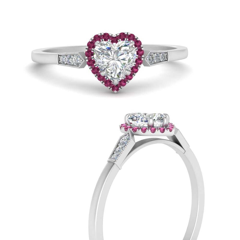 Heart Shaped Pink Sapphire Low Profile Halo Engagement Ring In 14k White Gold Fascinating Diamonds 