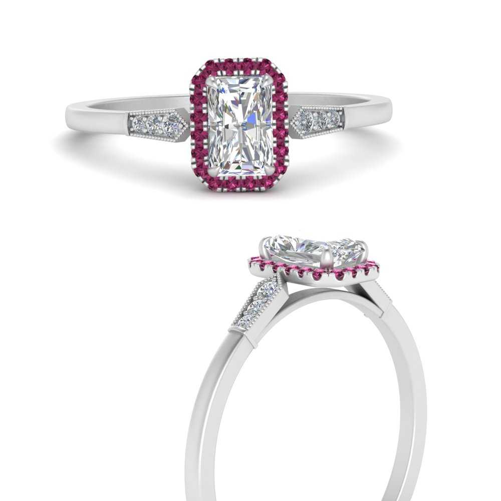 Radiant Cut Pink Sapphire Low Profile Halo Lab Diamond Engagement Ring