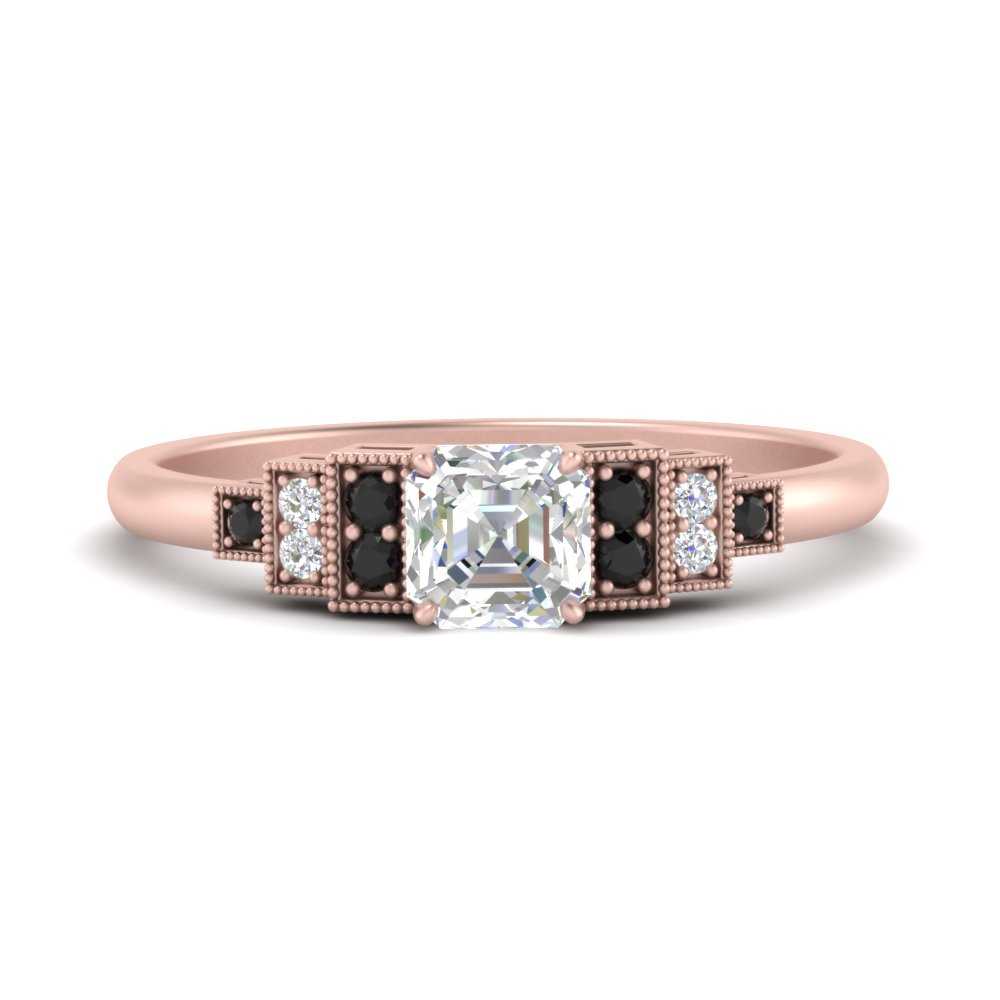 Asscher Shaped Art Deco Step Engagement Ring with Black Diamond in 14K Rose Gold
