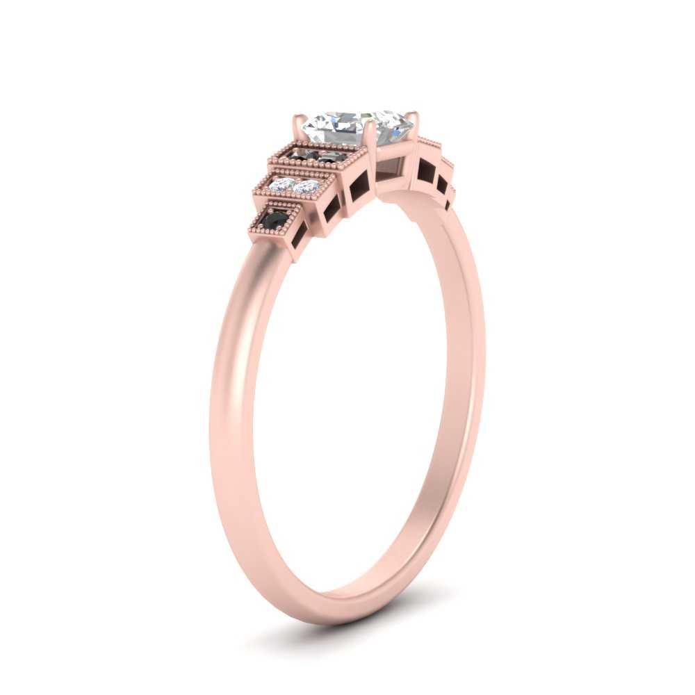 Asscher Shaped Art Deco Step Engagement Ring with Black Diamond in 14K Rose Gold