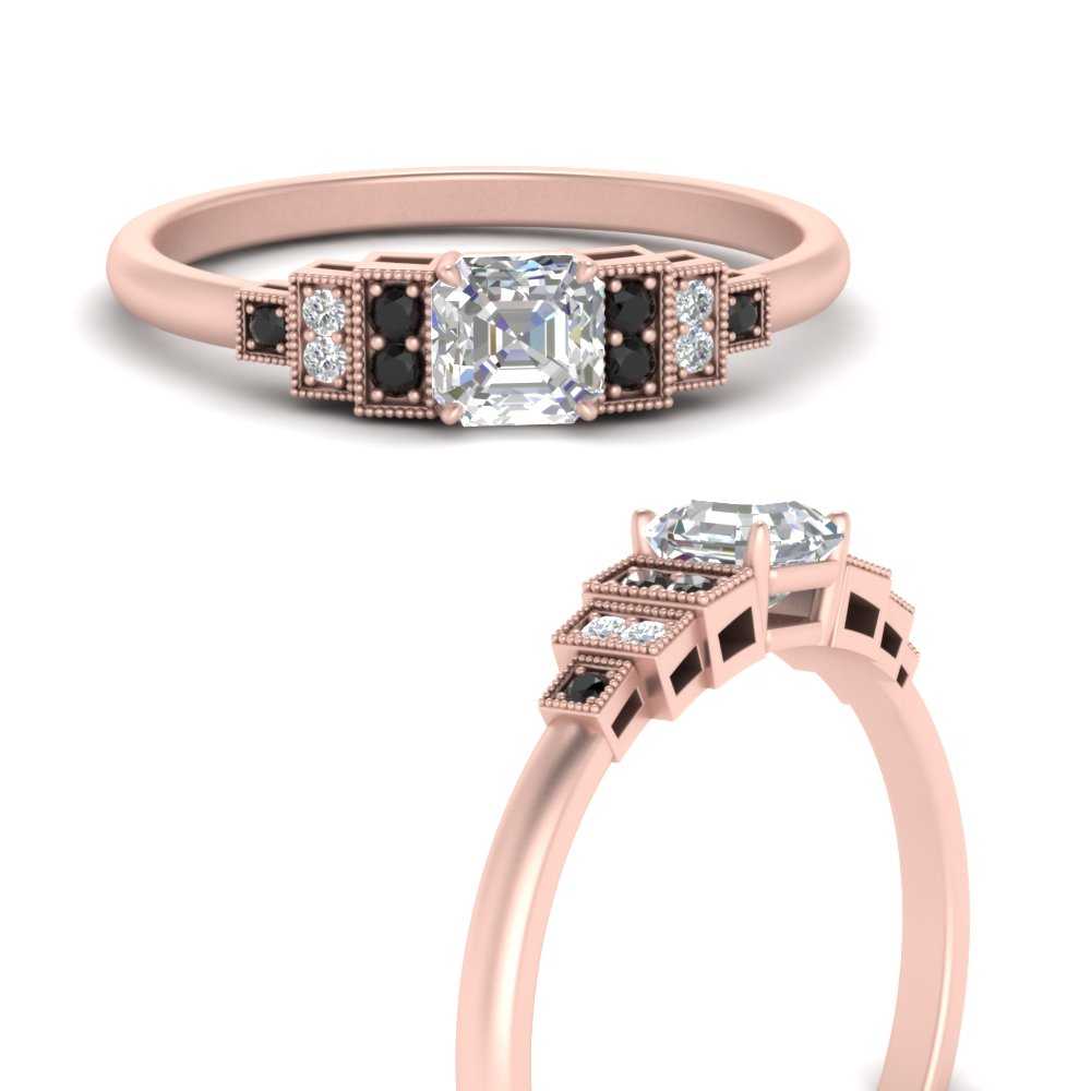 Asscher Shaped Art Deco Step Engagement Ring with Black Diamond in 14K Rose Gold