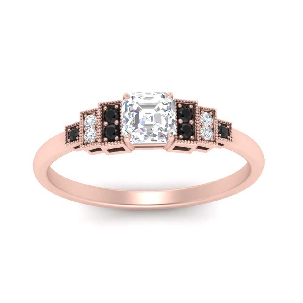 Asscher Shaped Art Deco Step Engagement Ring with Black Diamond in 14K Rose Gold