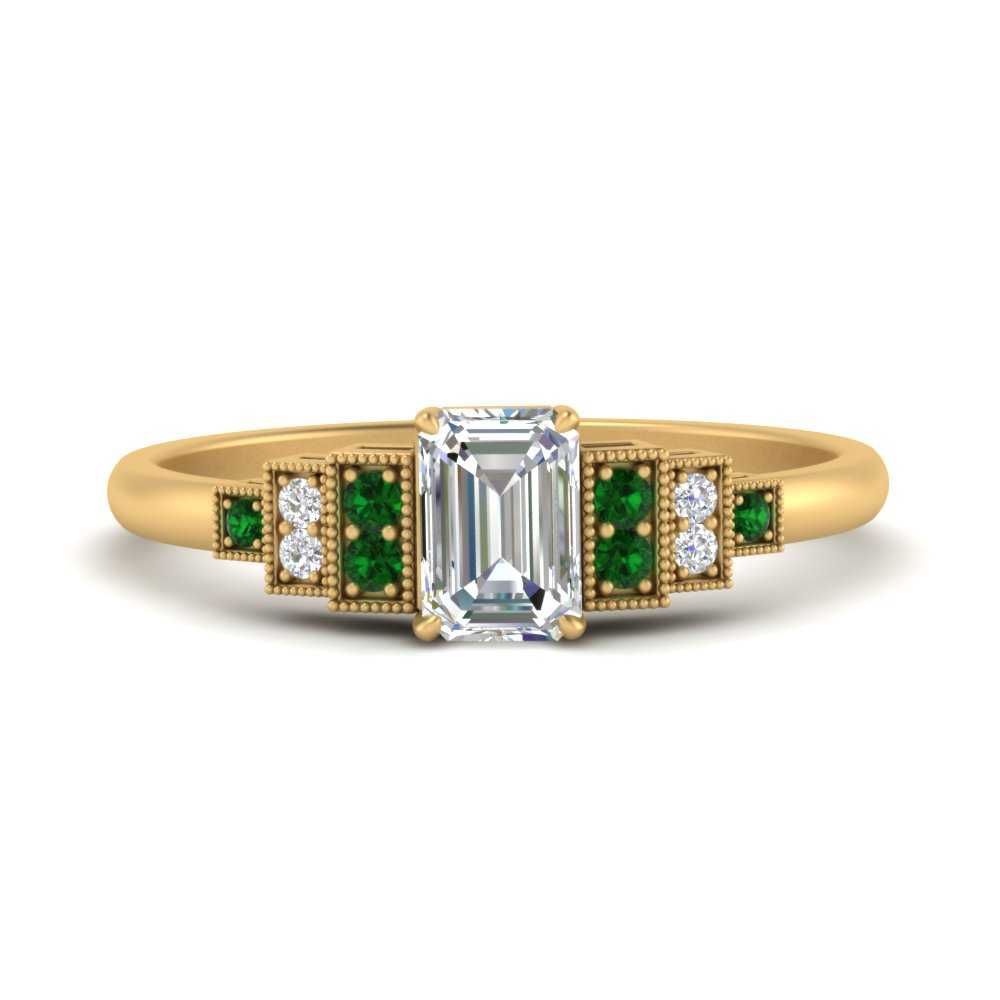 Emerald Shaped Art Deco Step Engagement Ring with Green Emerald in 14K Yellow Gold