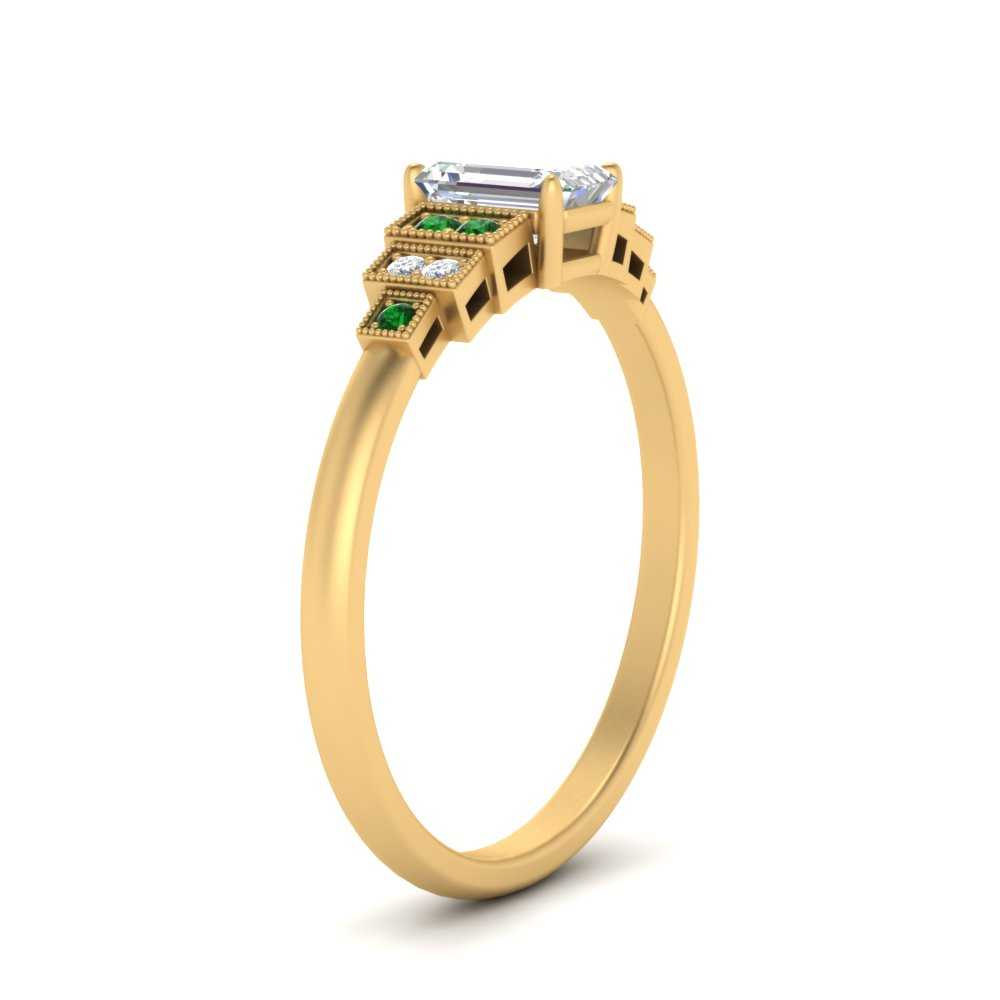 Emerald Shaped Art Deco Step Engagement Ring with Green Emerald in 14K Yellow Gold