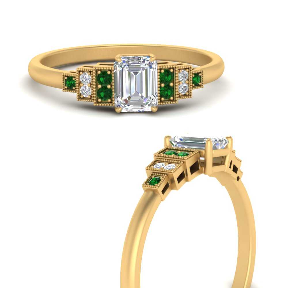 Emerald Shaped Art Deco Step Engagement Ring with Green Emerald in 14K Yellow Gold