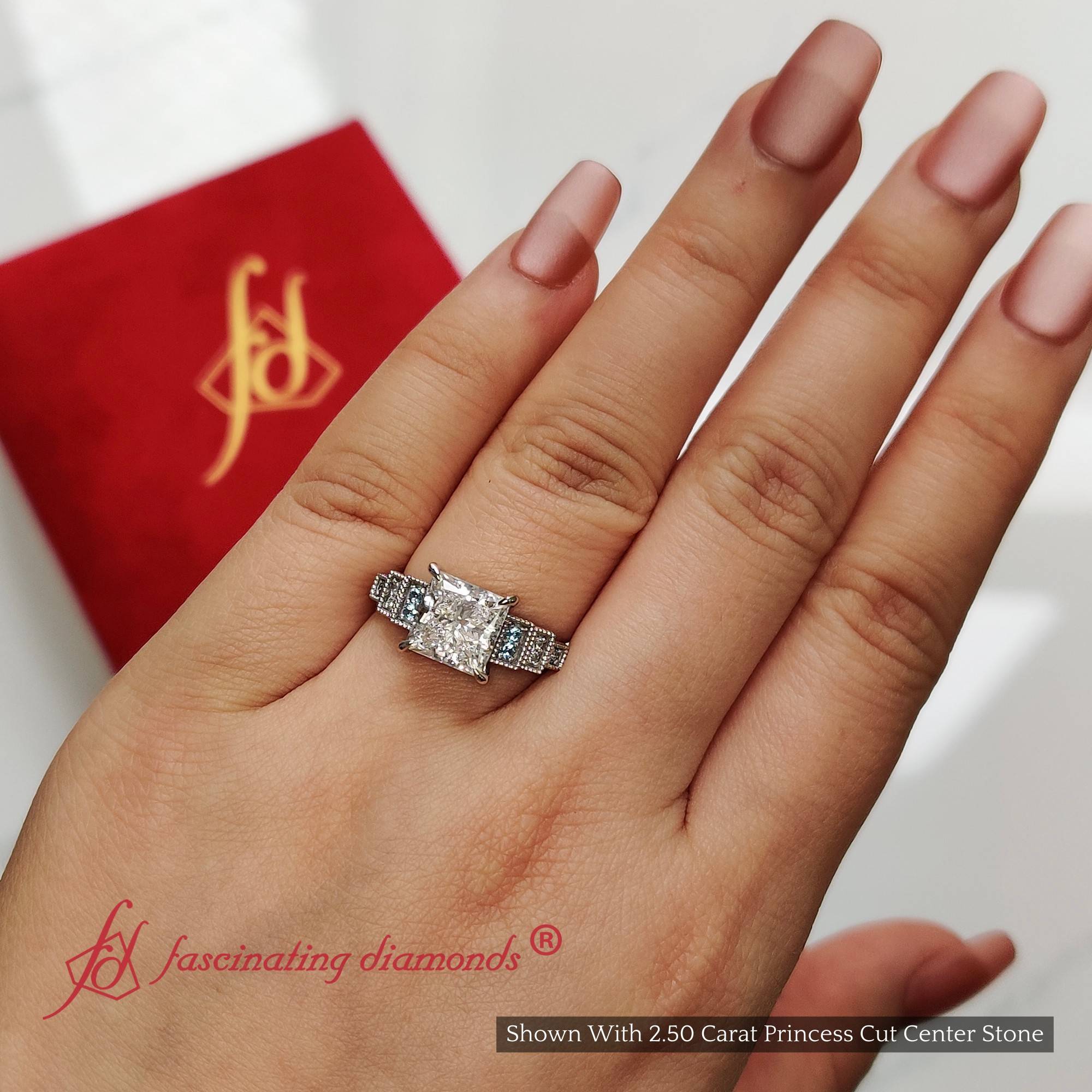 Princess Cut Lab Diamond Art Deco Engagement Ring with 14K White Gold Ice Blue Topaz