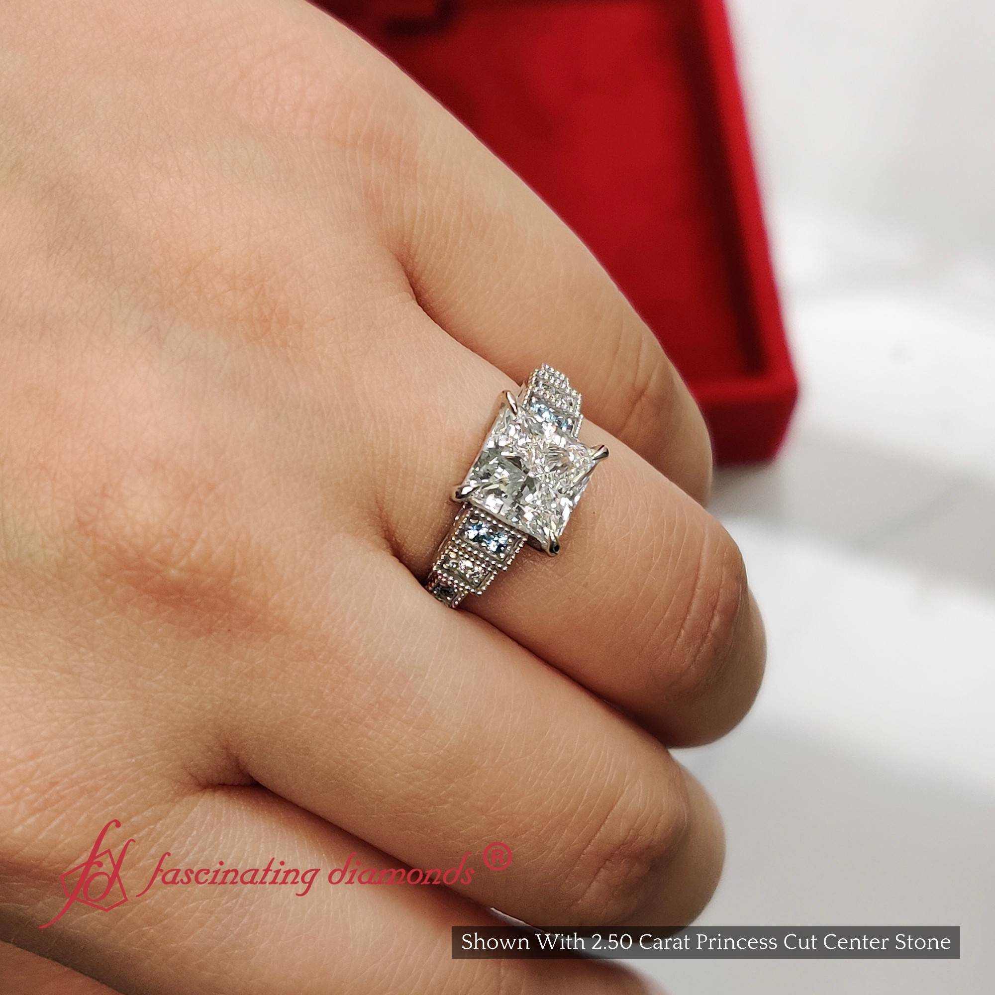Princess Cut Lab Diamond Art Deco Engagement Ring with 14K White Gold Ice Blue Topaz