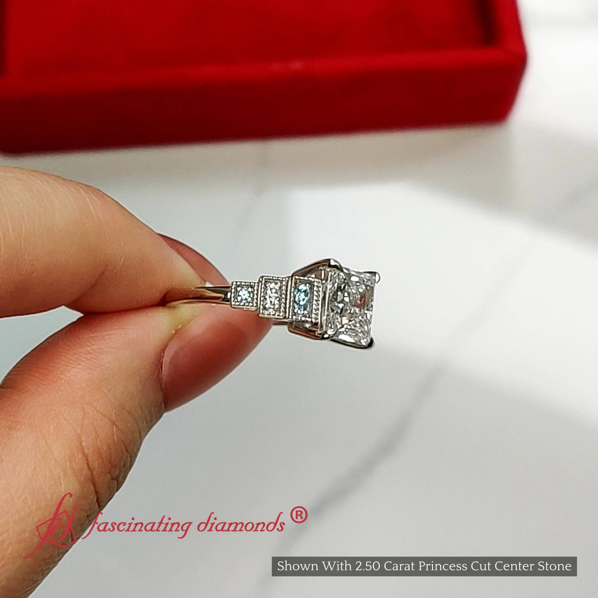 Princess Cut Lab Diamond Art Deco Engagement Ring with 14K White Gold Ice Blue Topaz