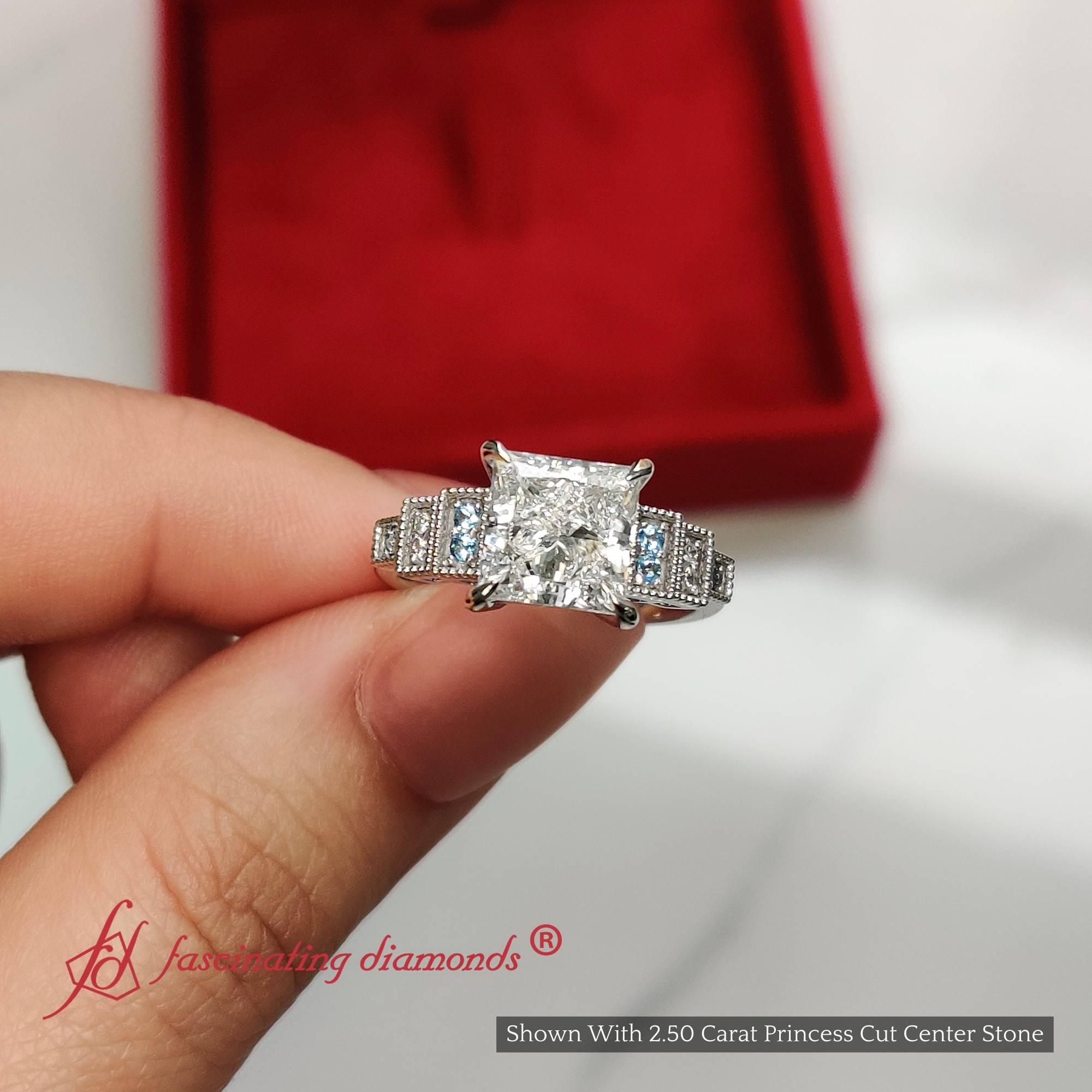 Princess Cut Lab Diamond Art Deco Engagement Ring with 14K White Gold Ice Blue Topaz