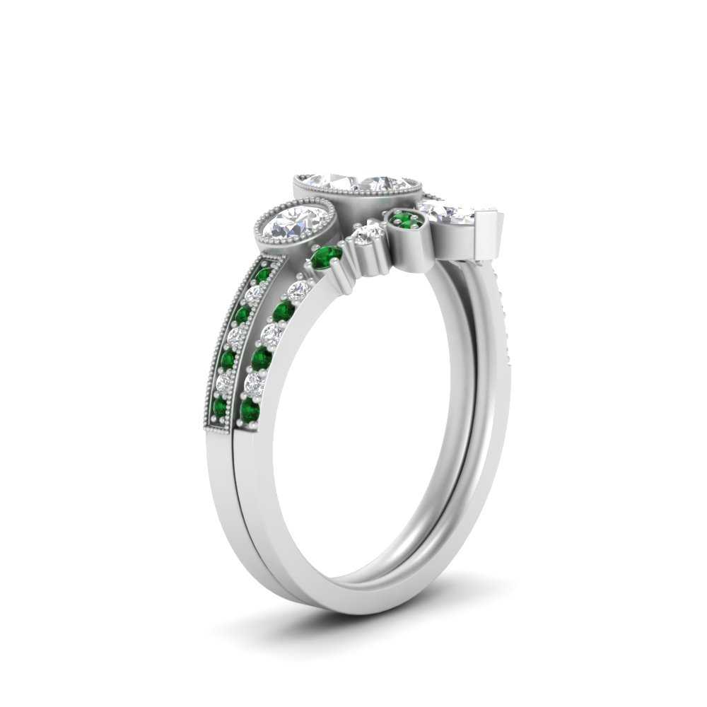 Pear Shaped Art Deco Bridal Ring Set With Emerald In 18K White Gold
