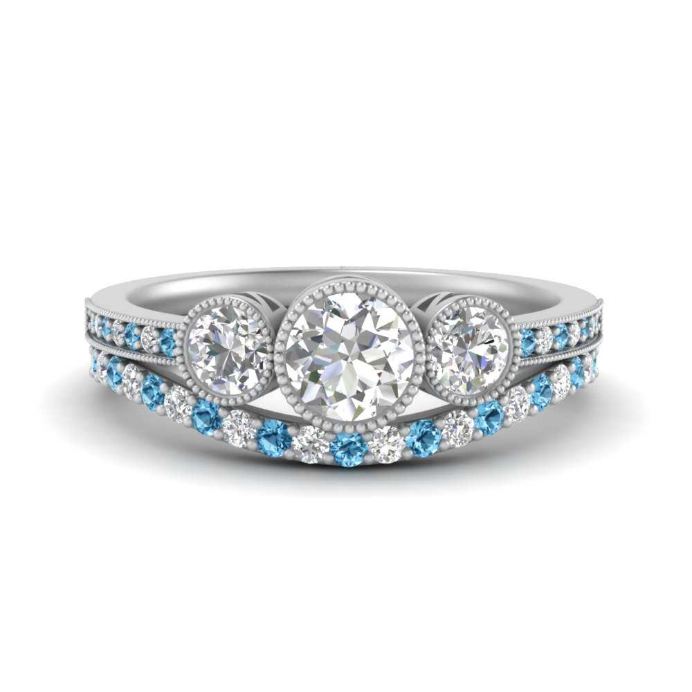 Three Stone Round Cut Bezel Set Bridal Ring Set With Blue Topaz In 950