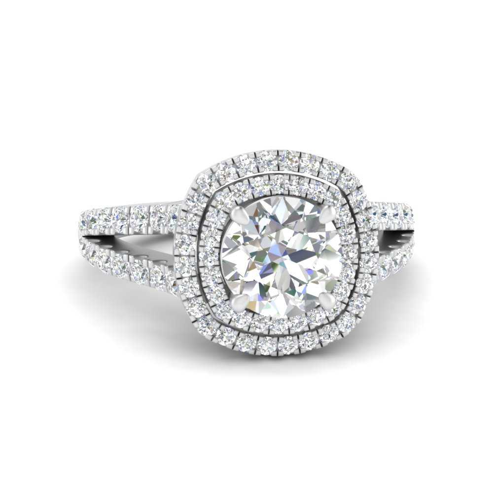 Round Double Halo Split Diamond Engagement Ring In 14K White Gold ...
