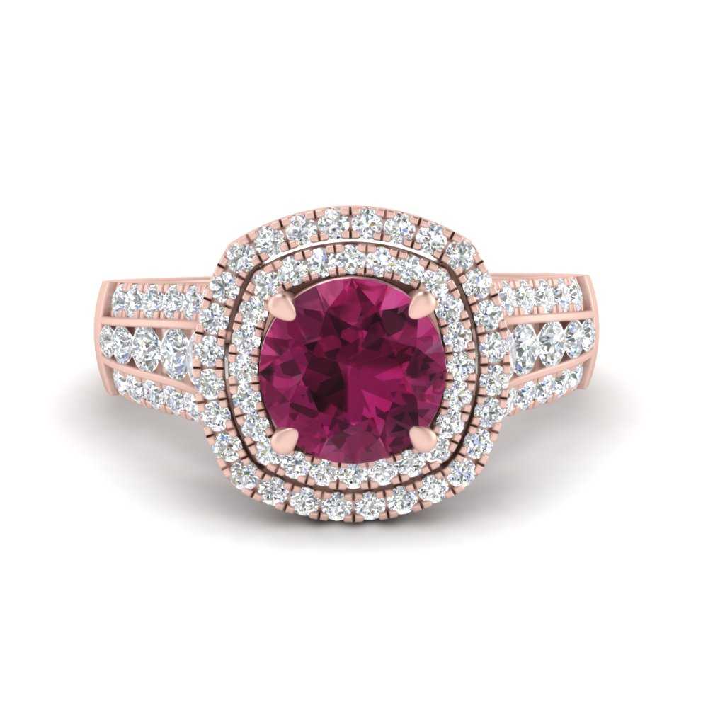 Round Cut Pink Sapphire Double Halo Diamond Ring In 14K Rose Gold ...