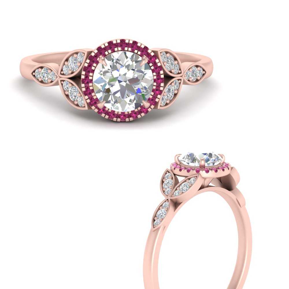 Swirl Leaf Promise Diamond Ring With Pink Sapphire In 18K Rose
