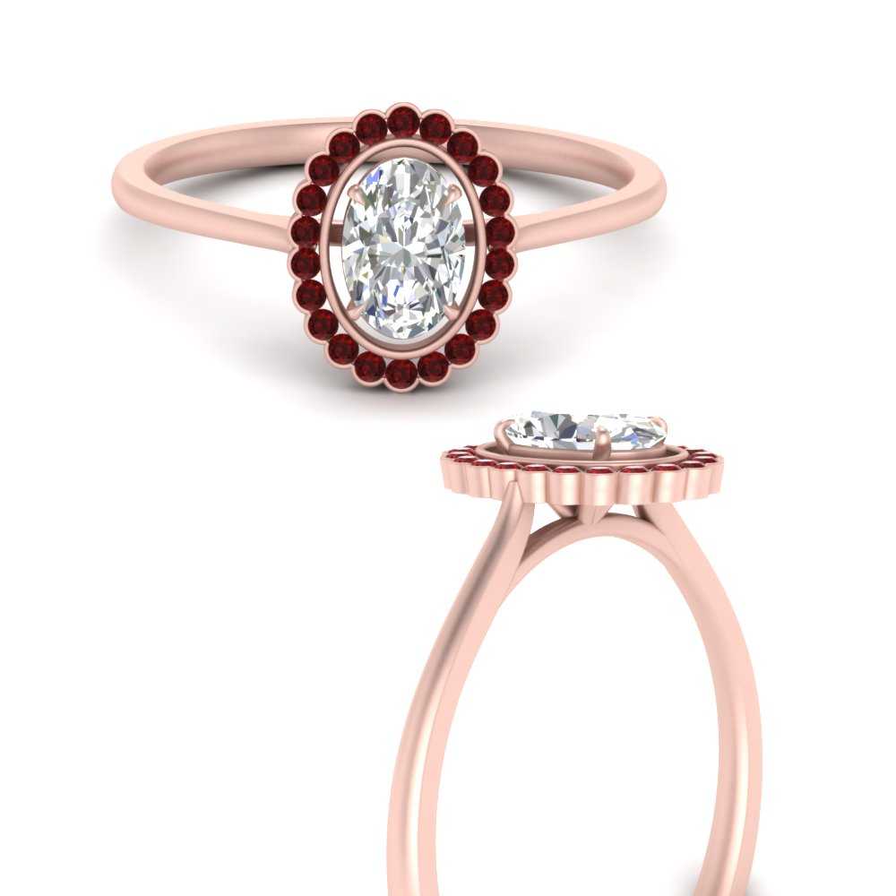  Oval Antique Halo Diamond Ring with Red Ruby 18K Rose Gold