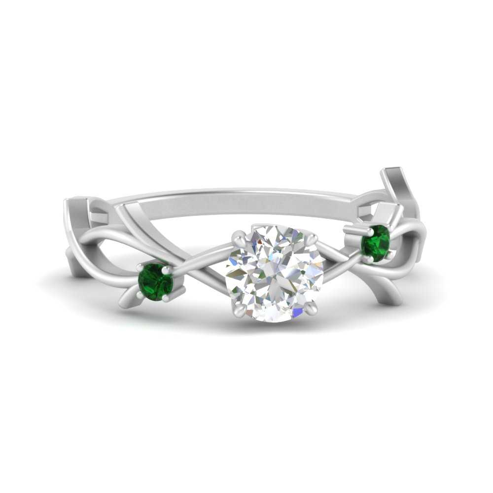 Round Branch Floral Emerald Engagement Ring In 14K White Gold ...