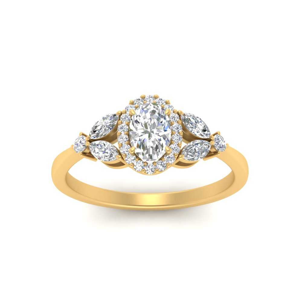 Oval Shaped Marquise Accented Halo Engagement Ring with White Diamond in 14K Yellow Gold
