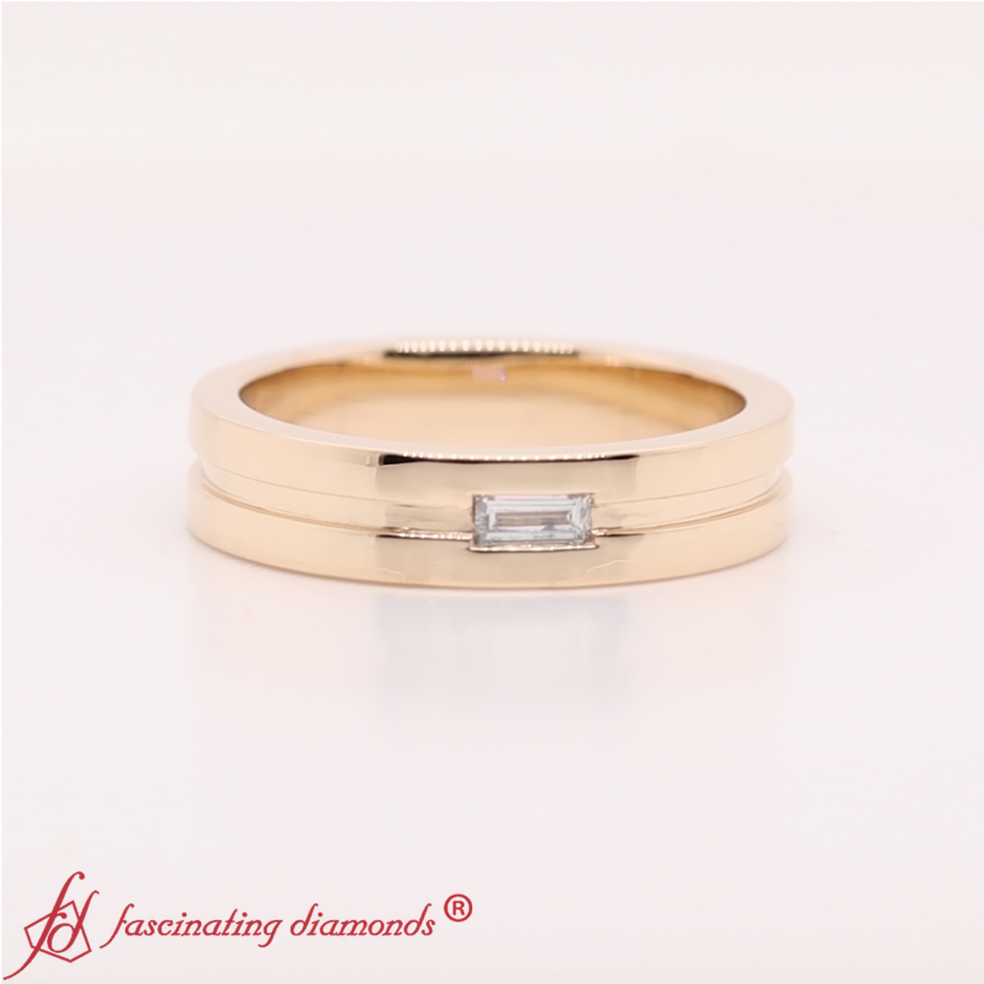 Mens East West Baguette Engagement Ring with 14K Yellow Gold White Diamond