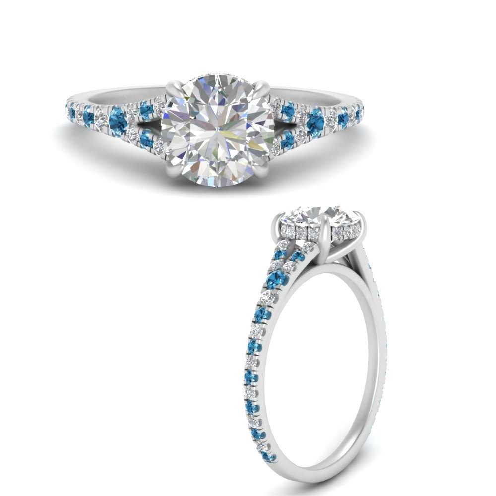 Round Split Halo Pave Diamond Engagement Ring With Blue Topaz In 14K ...