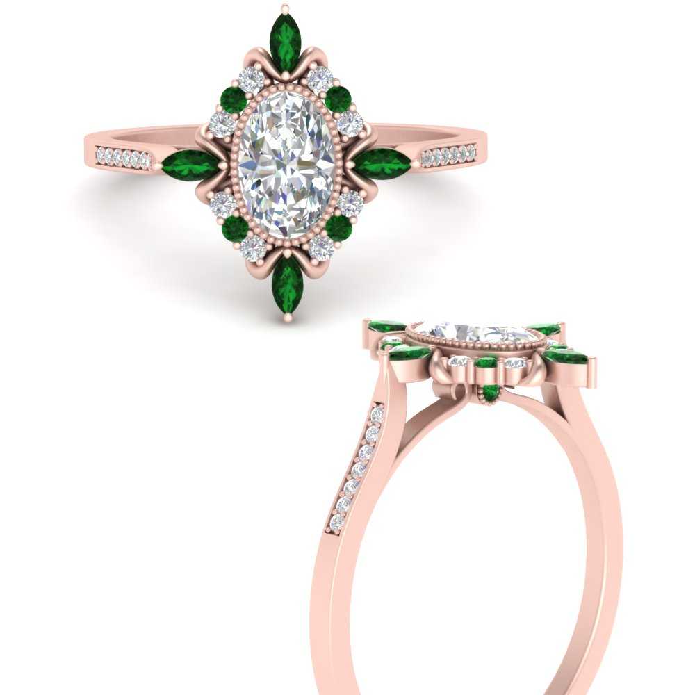 Elongated Oval Vintage Emerald Engagement Ring In 14K Rose Gold ...