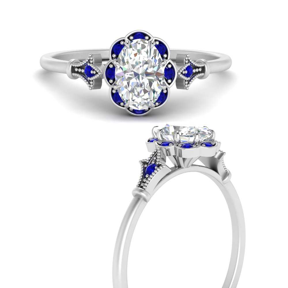 Antique 1930s Diamond & Sapphire Three Stone Ring 14K White Gold