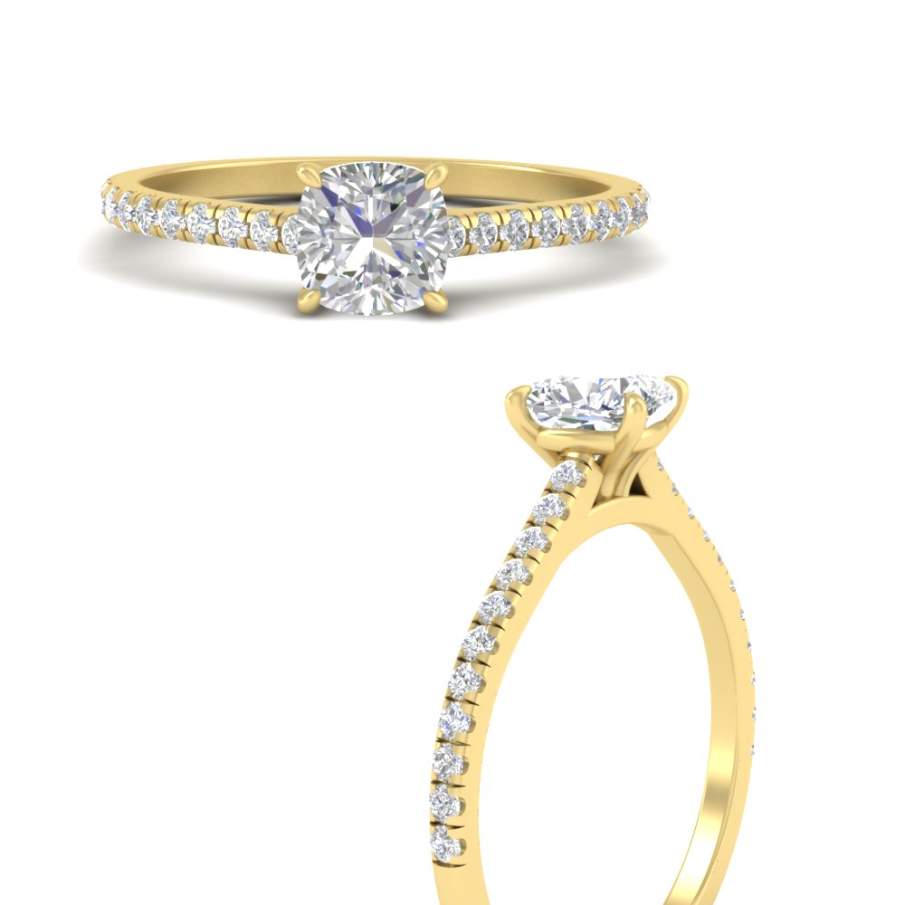 1 Carat Cushion Cut Beautiful Side Stone Ring with 14K Yellow Gold White Diamond