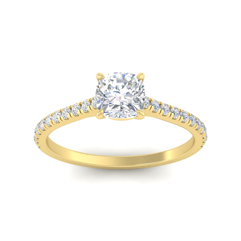 1 Carat Cushion Cut Beautiful Side Stone Ring with 14K Yellow Gold White Diamond