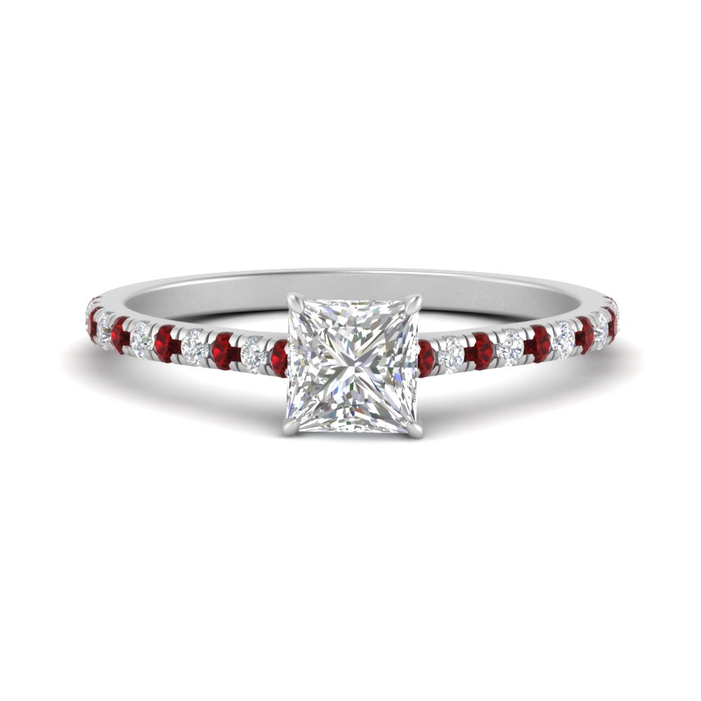1 Carat Princess Diamond Ring High Set with 14K White Gold Red Ruby