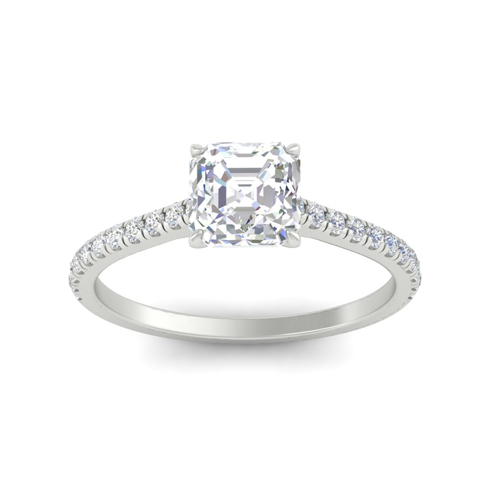 2 Carat Asscher Cut Diamond Perfect Side Stone Ring with 14K White Gold White Diamond
