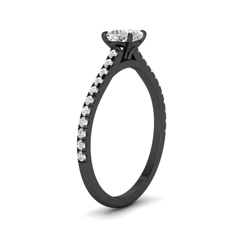 Cushion Shaped French Pave Petite Diamond Black Engagement Ring with White Diamond in 14K Black Gold