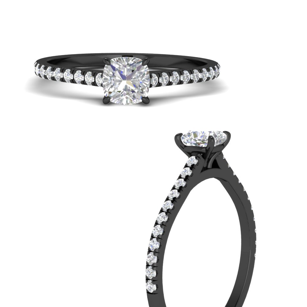 Cushion Shaped French Pave Petite Diamond Black Engagement Ring with White Diamond in 14K Black Gold
