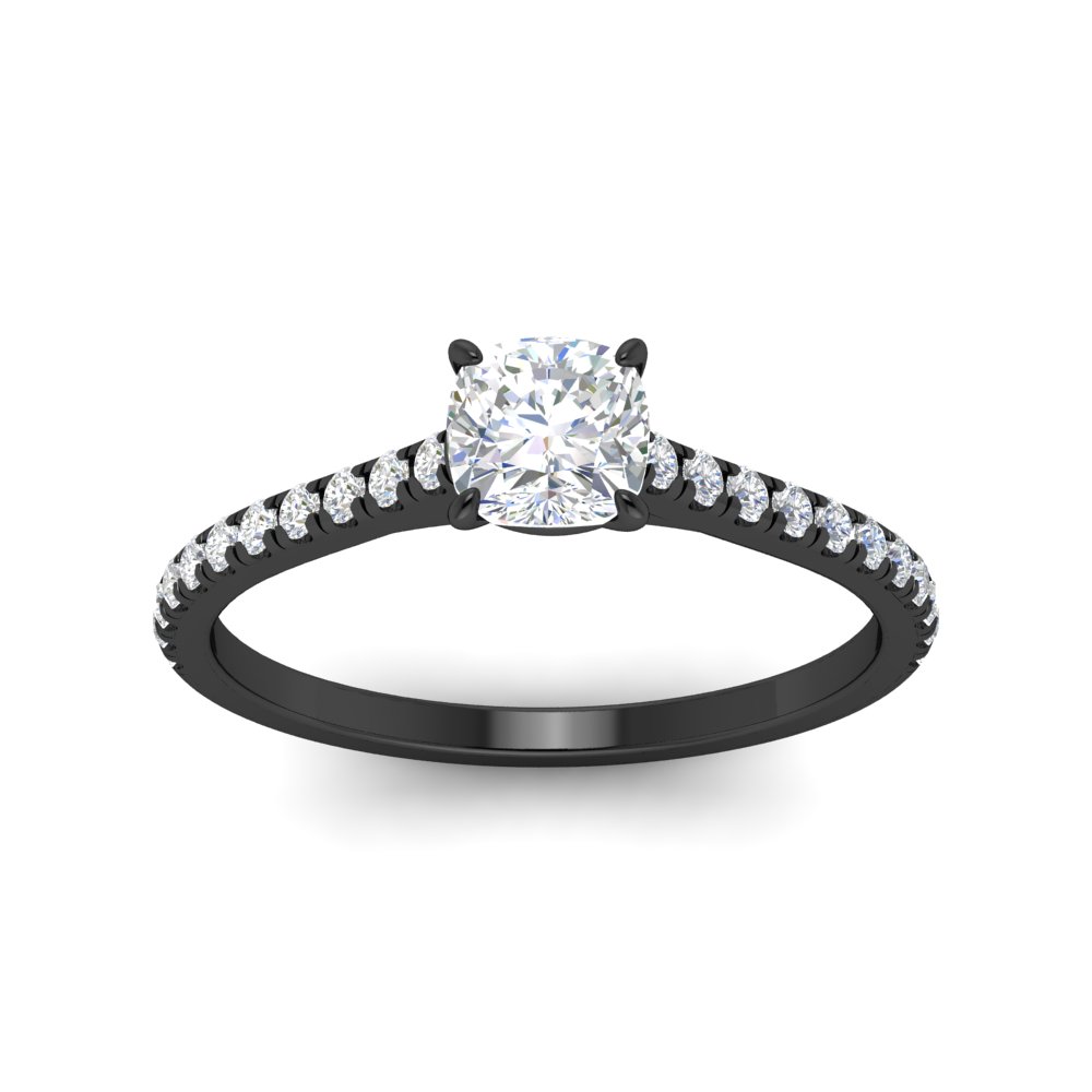 Cushion Shaped French Pave Petite Diamond Black Engagement Ring with White Diamond in 14K Black Gold