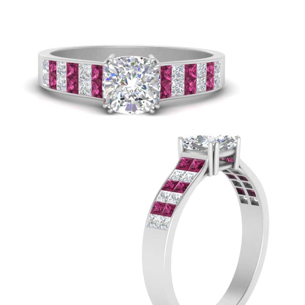 Princess Cut 2 Row Diamond Engagement Ring With Pink Sapphire In 18K White  Gold