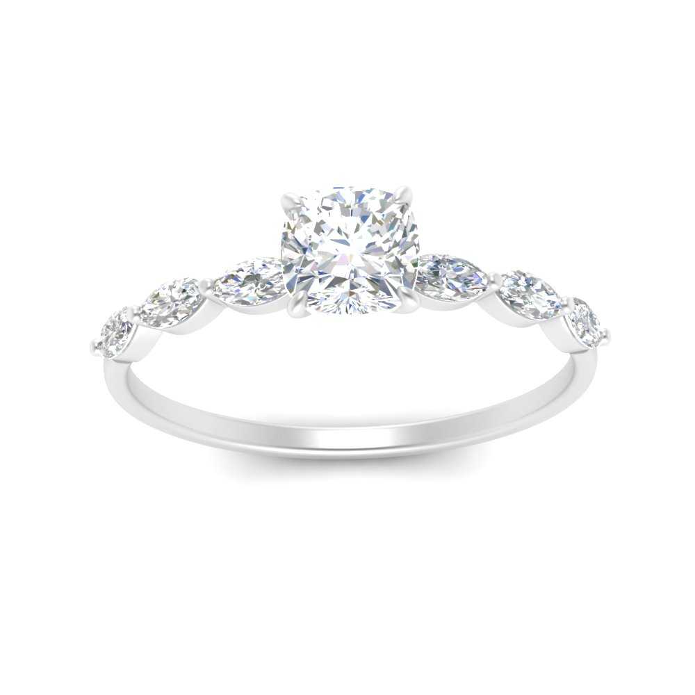 Petite Marquise Diamond Cushion Cut Engagement Ring In 14K White Gold ...