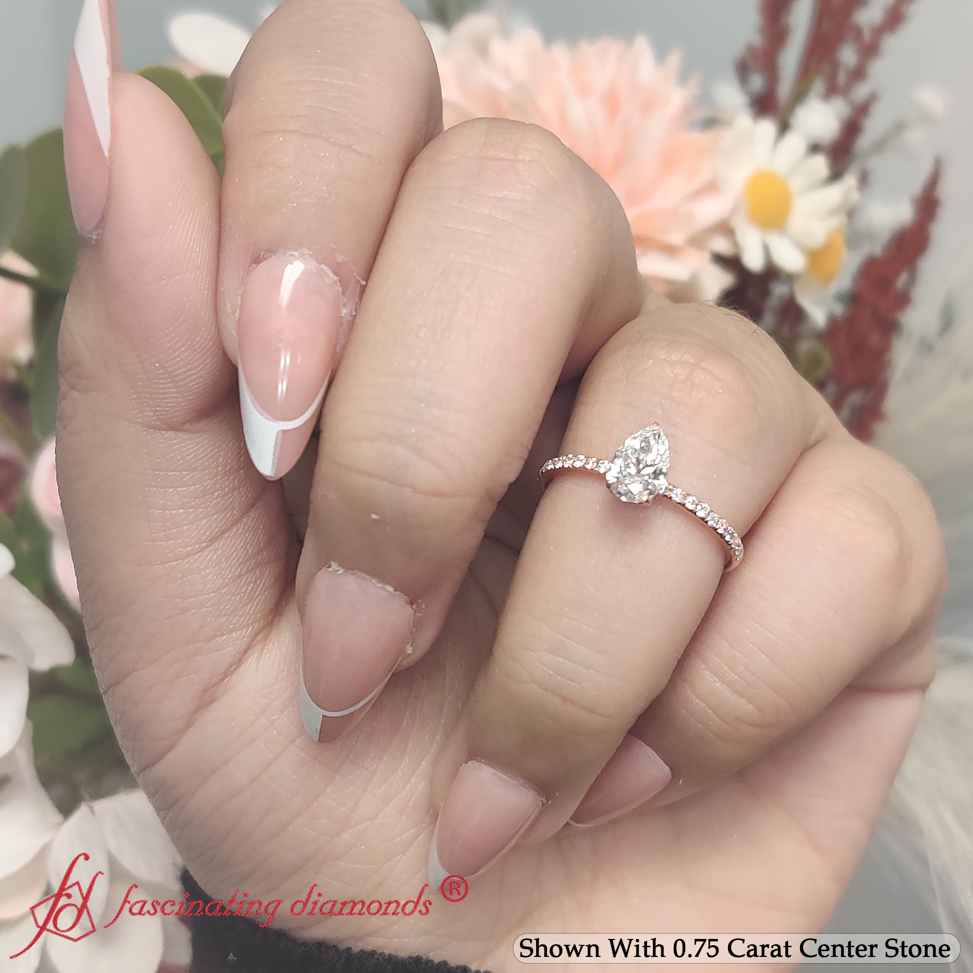 Semi Mount Shaped Petite Half Coverage Pear Diamond Engagement Ring with White Diamond 14K Rose Gold