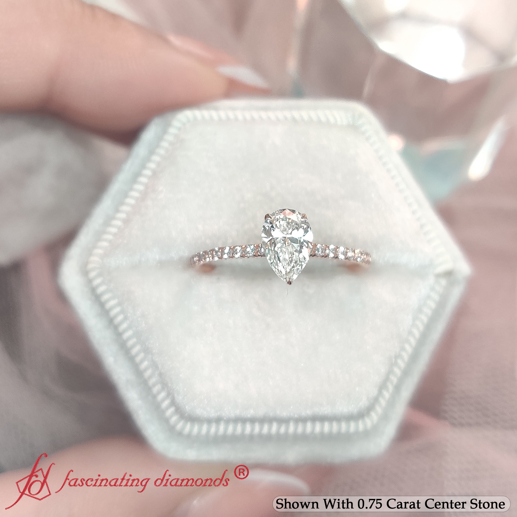 Semi Mount Shaped Petite Half Coverage Pear Diamond Engagement Ring with White Diamond 14K Rose Gold