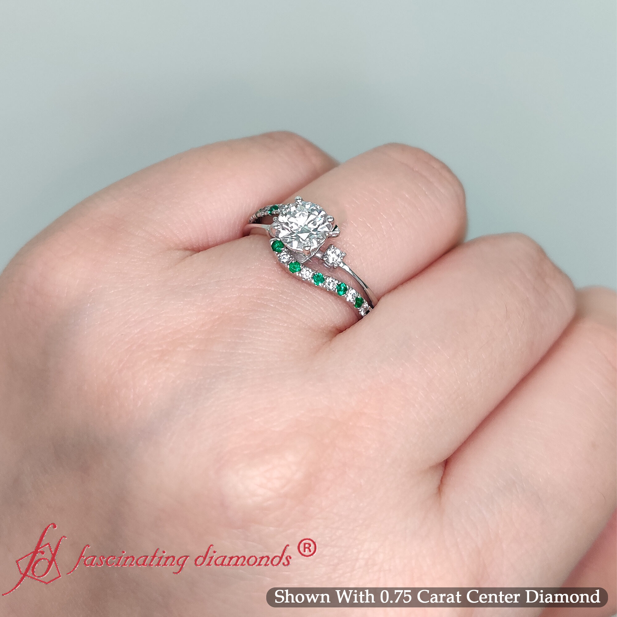 Round Shaped Swirl 3 Stone Diamond Engagement Ring with Green Emerald in 14K White Gold