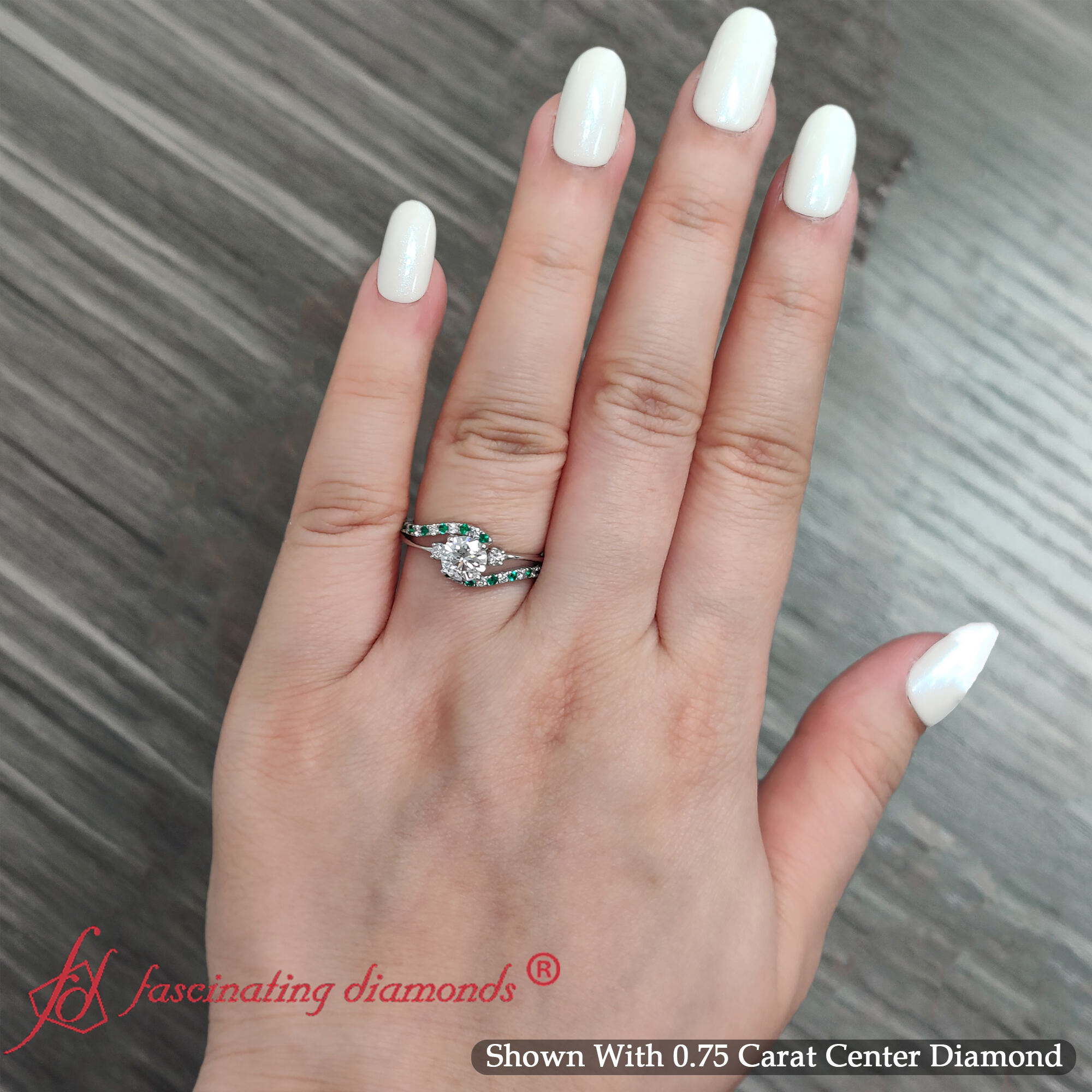 Round Shaped Swirl 3 Stone Diamond Engagement Ring with Green Emerald in 14K White Gold